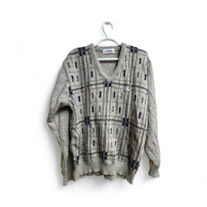 Monte Carlo Collection Lambswool V-Neck Sweater Gray Geometric Plaid Size 38 M